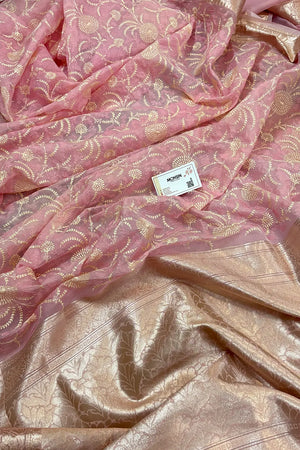 Baby Pink Embroidery Organza Silk Banarasi Saree