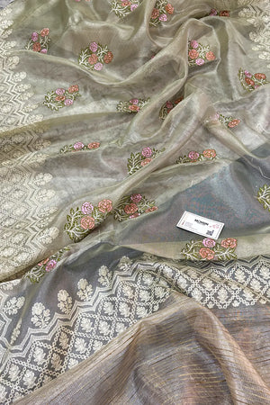 Beige Embroidery Tissue Silk Banarasi Saree