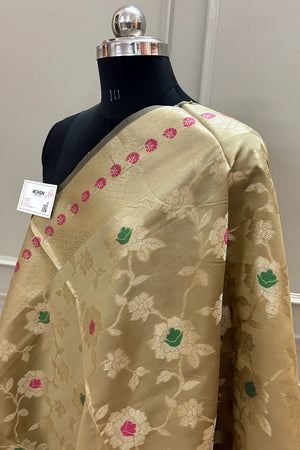 Beige Meenakari Satin Silk Banarasi Dupatta