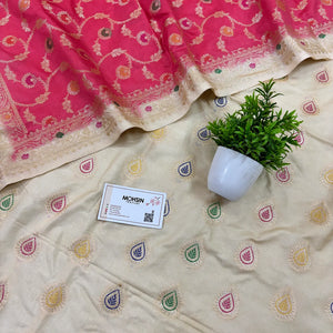 Beige and Pink Golden Zari Katan Silk Banarasi Suit