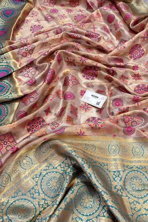 Beige and Teal Golden Zari Tissue Silk Banarasi Saree