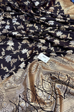 Black Jasmine Jaal Katan Silk Banarasi Saree