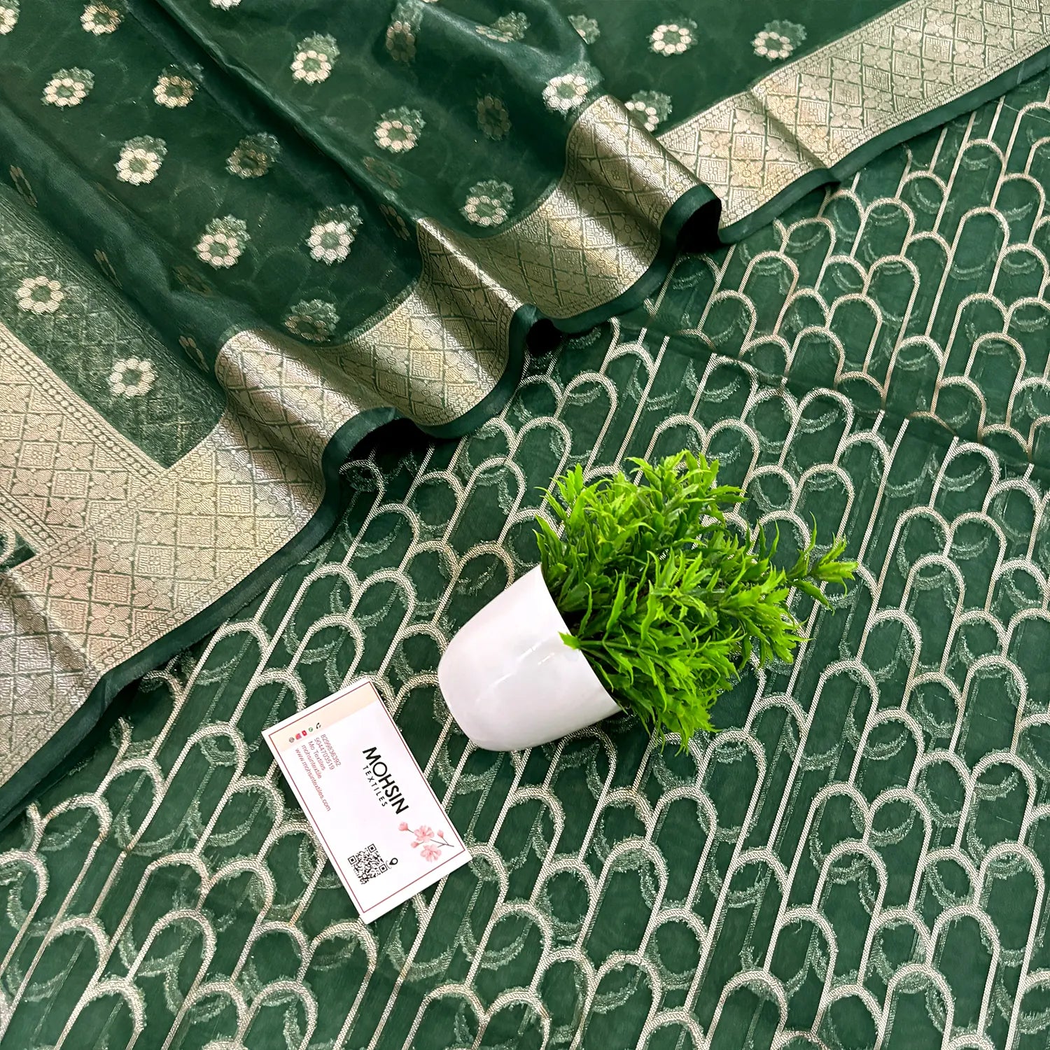 Bottle Green Cactus Jaal Organza Silk Banarasi Suit