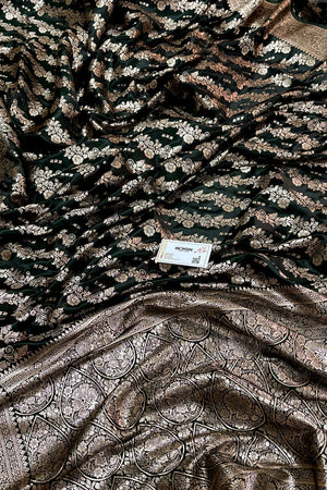 Bottle Green Golden Zari Katan Silk Banarasi Saree