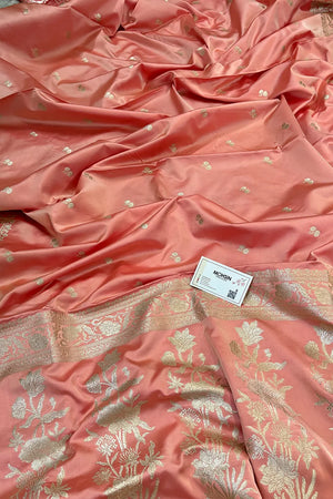 Dark Peach Babu Buti Katan Silk Banarasi Saree