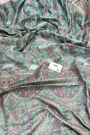 Firozi Printed Linen Silk Banarasi Saree