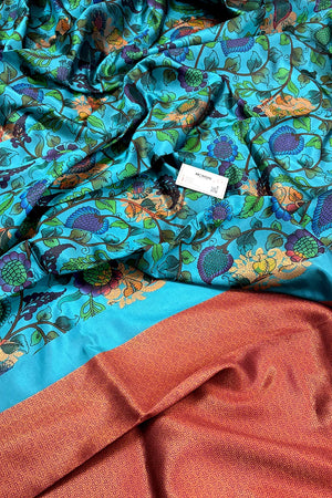 Firozi and Pink Printed Silk Saree