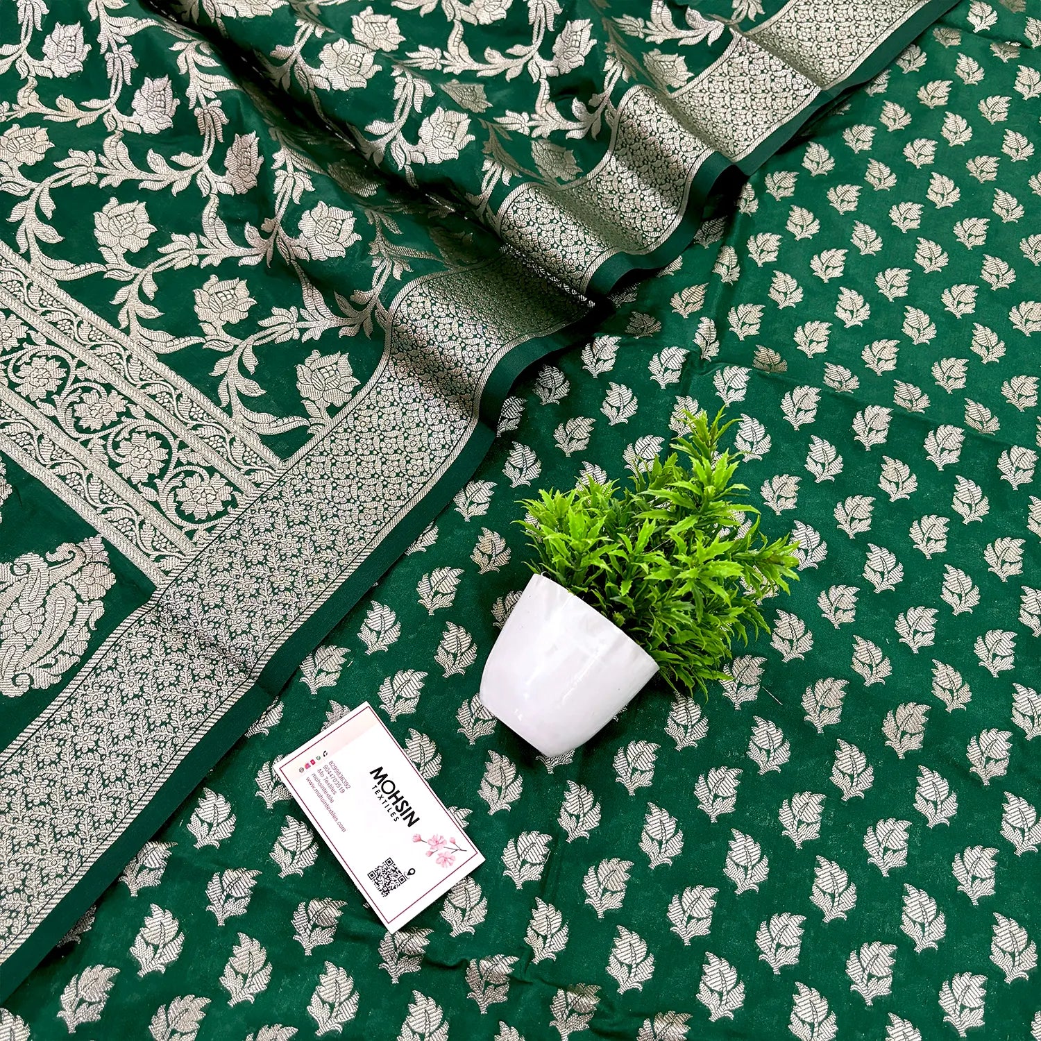 Green Tedhi Patti Katan Silk Banarasi Suit
