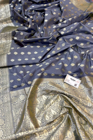 Grey Golden Zari Crepe Silk Banarasi Saree