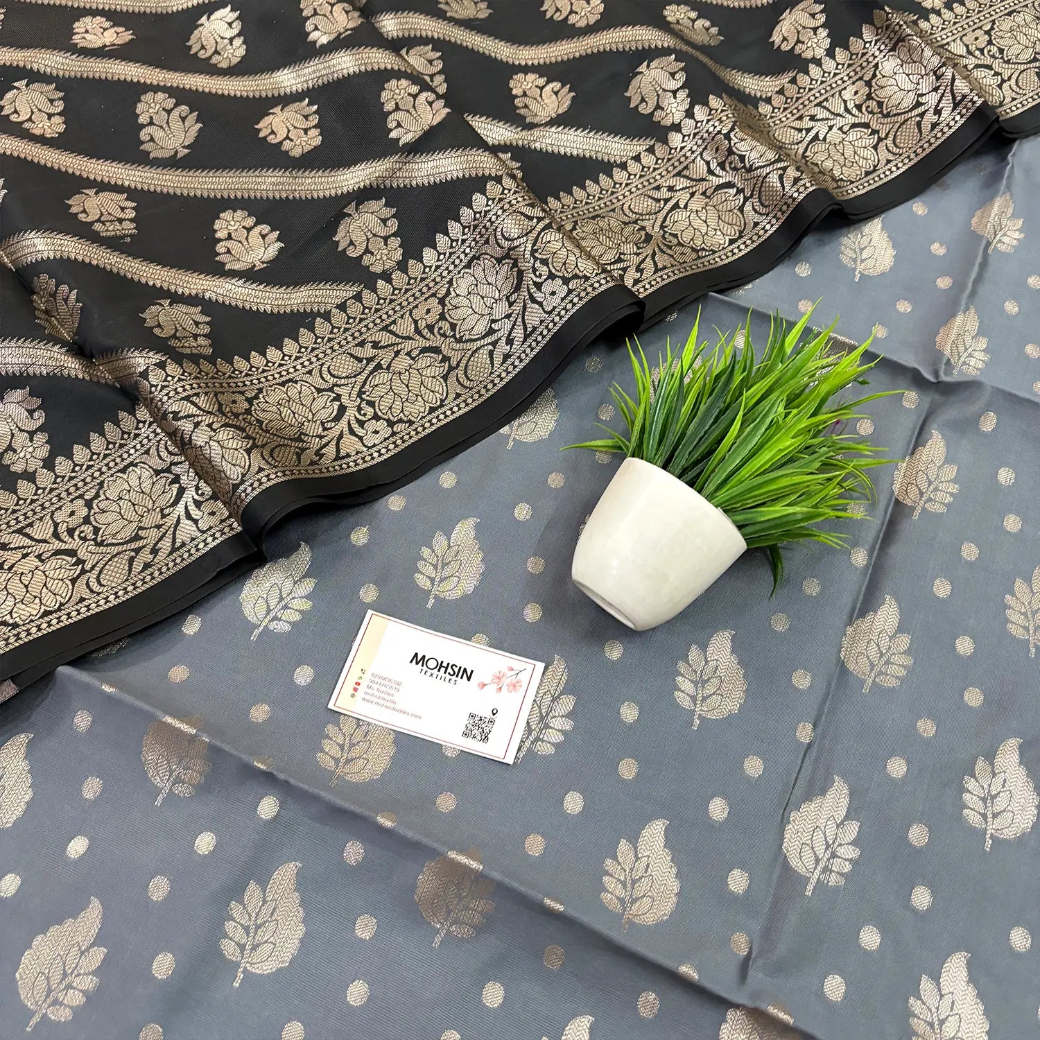 Grey and Black Pankh Buti Satin Silk Banarasi Suit