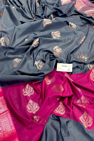 Grey and Pink Golden Zari Banarasi Silk Saree