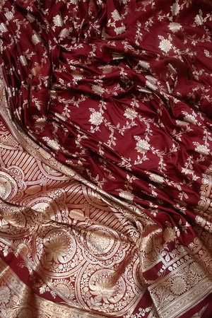 Maroon Akbari Jaal Katan Silk Banarasi Saree
