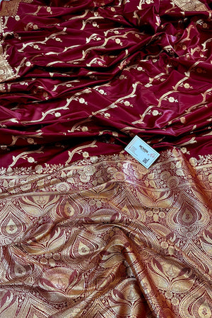 Maroon Rowa Laher Katan Silk Banarasi Saree