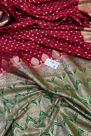 Maroon and Green Makkhi Buti Katan Silk Banarasi Saree