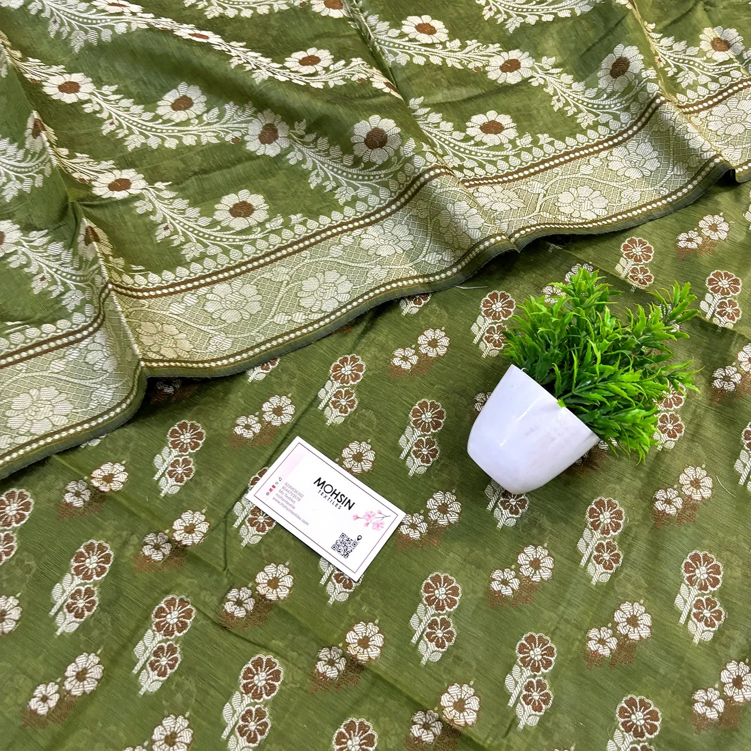 Mehendi Fan Flower Banarasi Silk Suit