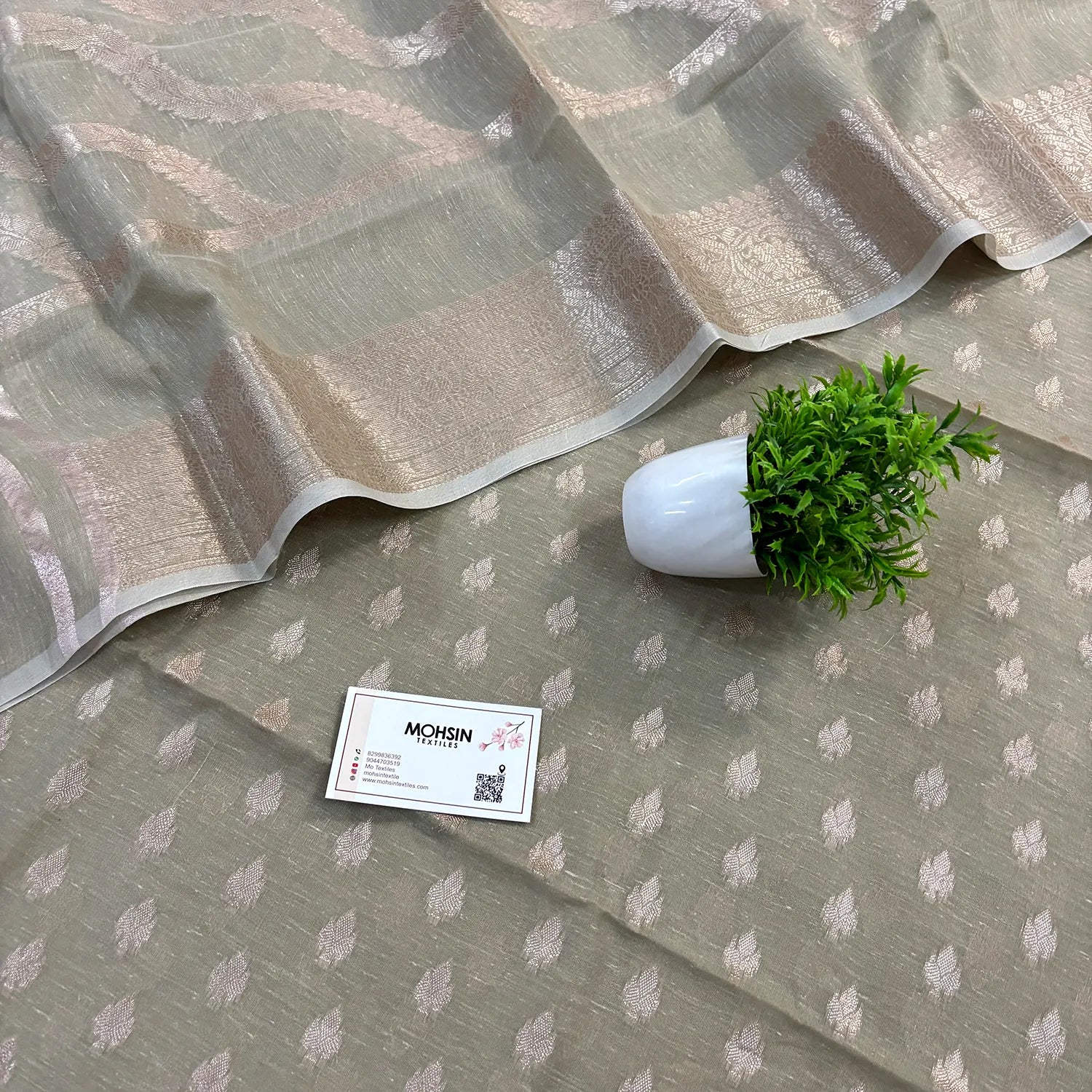 Mint Golden Zari Linen Silk Banarasi Suit