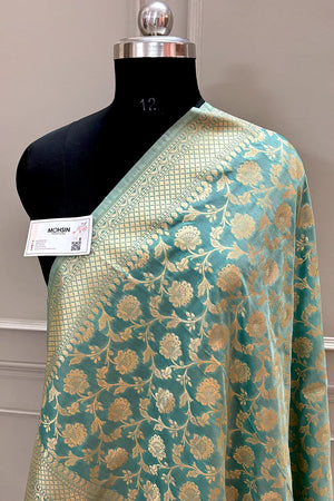 Mint Green Golden Zari Katan Silk Banarasi Dupatta