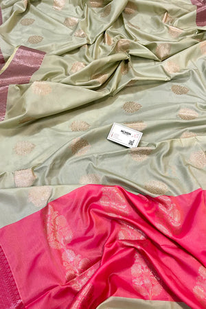 Mint and Pink Golden Zari Banarasi Silk Saree
