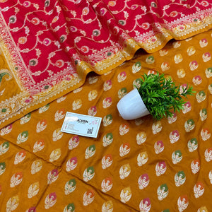 Mustard and Red Golden Zari Katan Silk Banarasi Suit