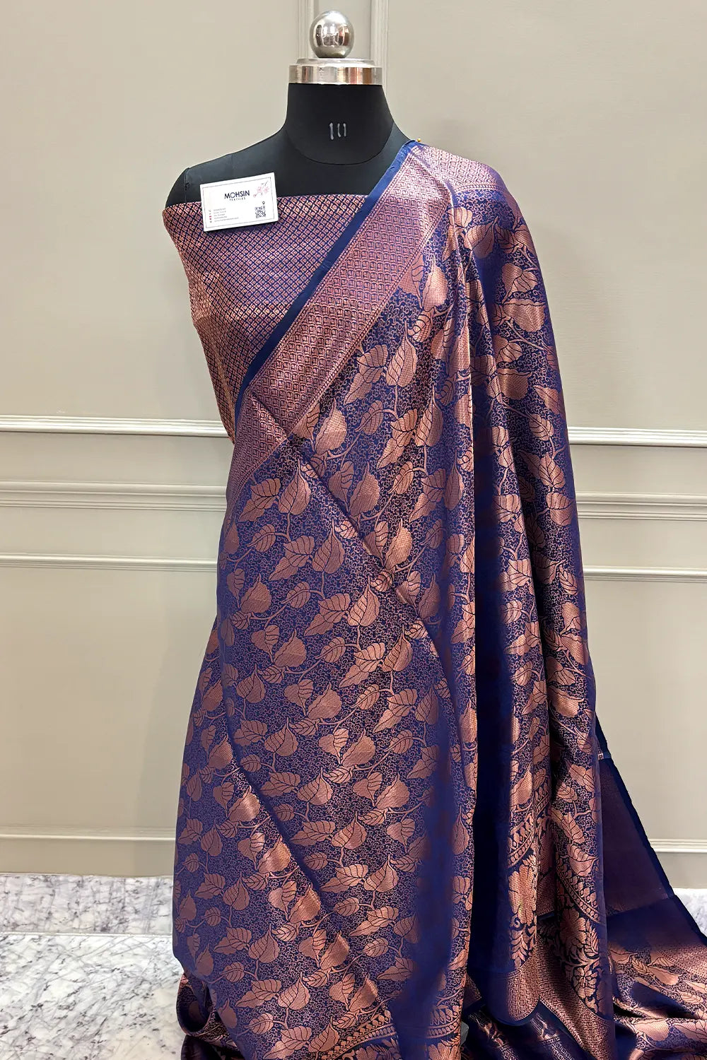 Navy Blue Antique Zari Satin Silk Banarasi Saree