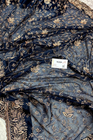 Navy Blue Embordiery Siroski Work Silk Saree
