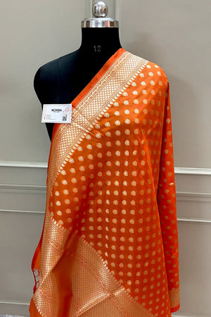 Orange Golden Zari Katan Silk Banarasi Dupatta