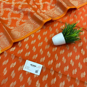 Orange Golden Zari Resham Silk Banarasi Suit