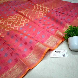 Peach Golden Zari Banarasi Silk Dupatta