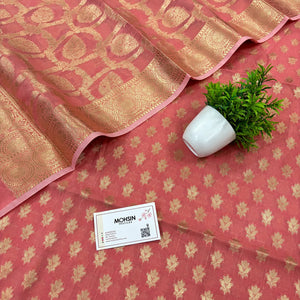 Peach Golden Zari Resham Silk Banarasi Suit