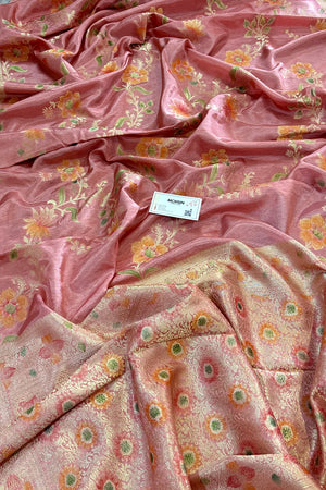 Peach Shakahari Jaal Georgette Silk Banarasi Saree