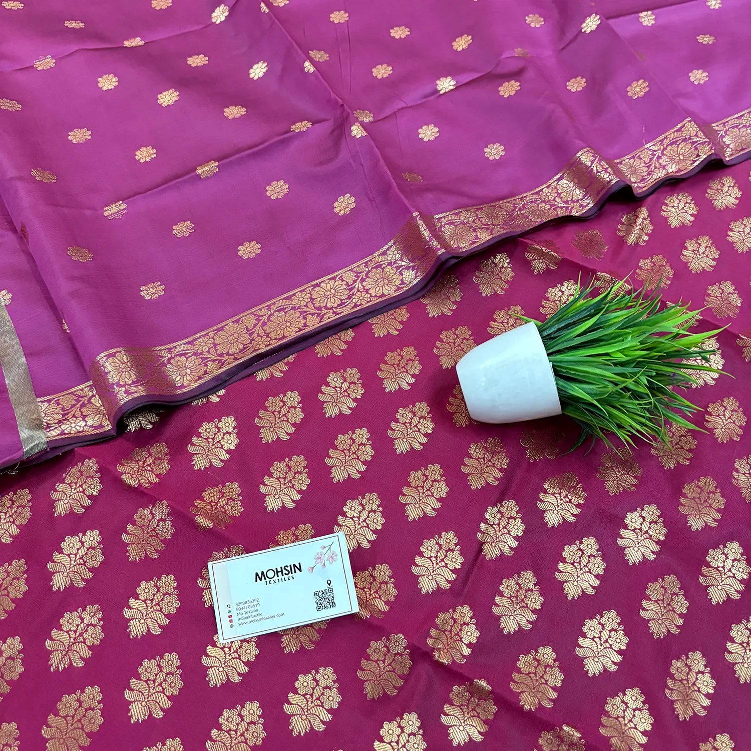 Pink Tri Phool Satin Silk Banarasi Suit