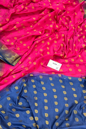 Pink and Navy Blue Golden Zari Silky Banarasi Saree