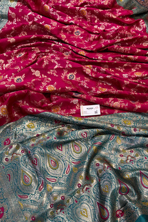Pink and Teal Golden Zari Silky Banarasi Saree
