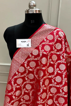 Red Golden Zari Katan Silk Banarasi Dupatta