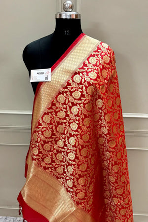 Red Golden Zari Katan Silk Banarasi Dupatta