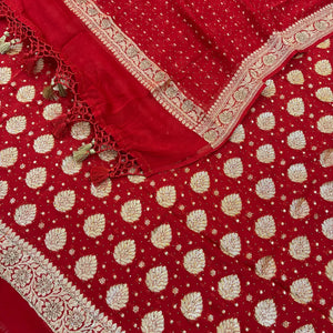 Red Golden Zari Siroski Stone Pure Georgette Silk Banarasi Suit