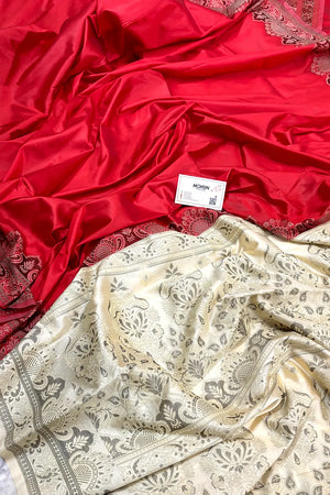Red and Beige Plain Resham Silk Banarasi Saree