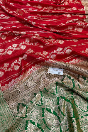 Red and Green Latar Patti Katan Silk Banarasi Saree
