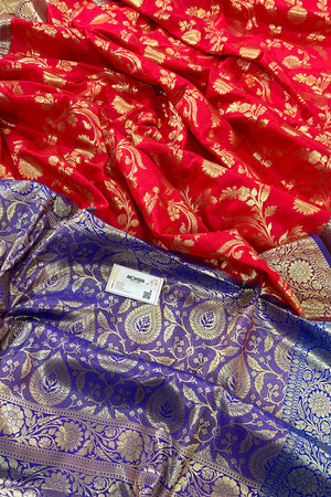 Red and Royal Blue Morpankhi Jaal Satin Silk Banarasi Saree