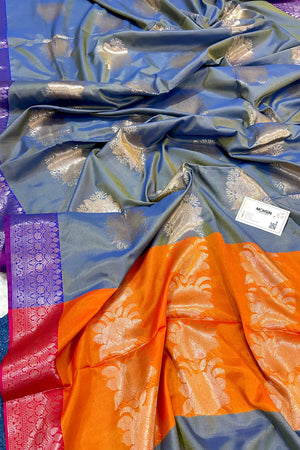 Royal Blue and Orange Gulaboo Banarasi Silk Saree