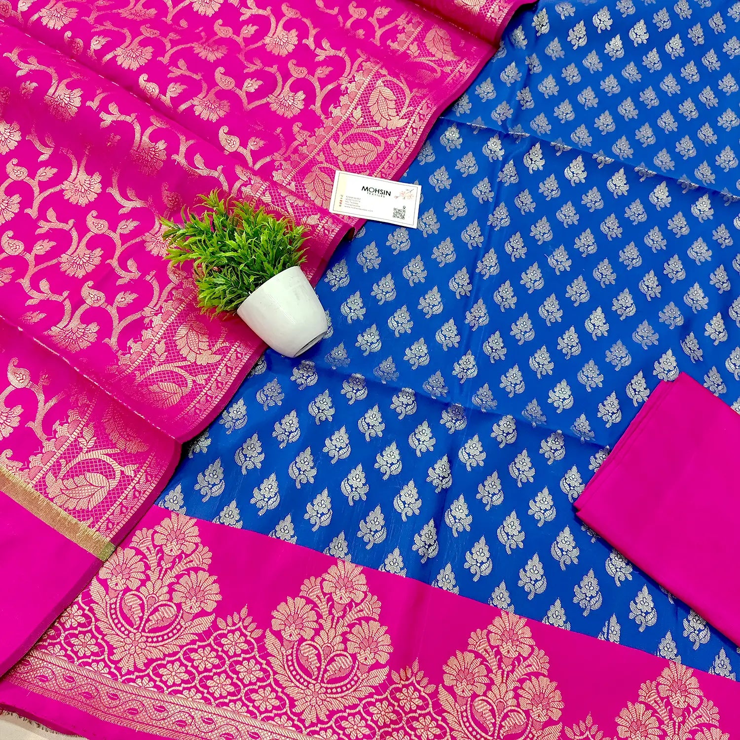 Royal Blue and Pink Patta Kalli Banarasi Silk Suit