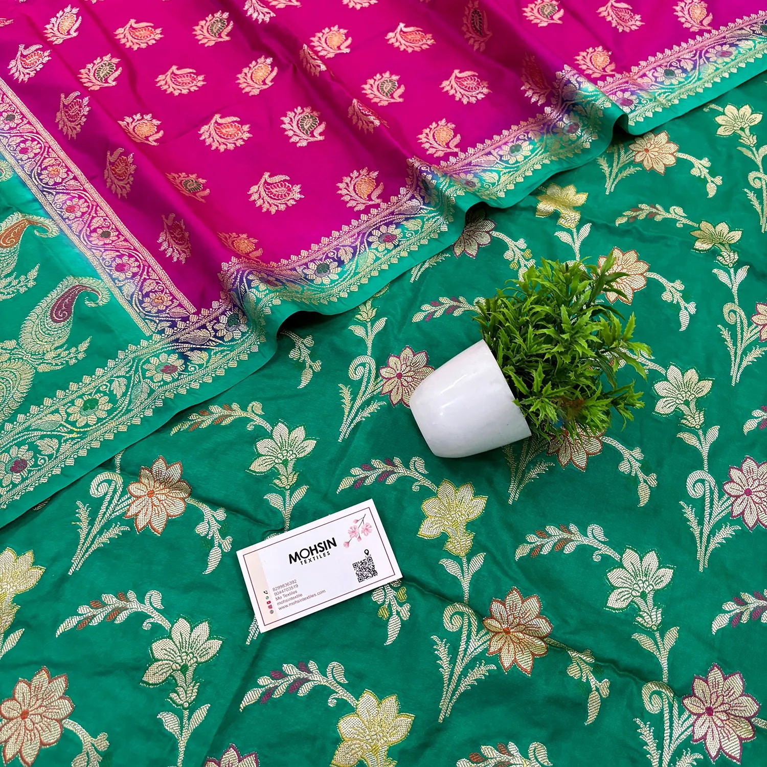 Sea Green and Pink Golden Zari Katan Silk Banarasi Saree