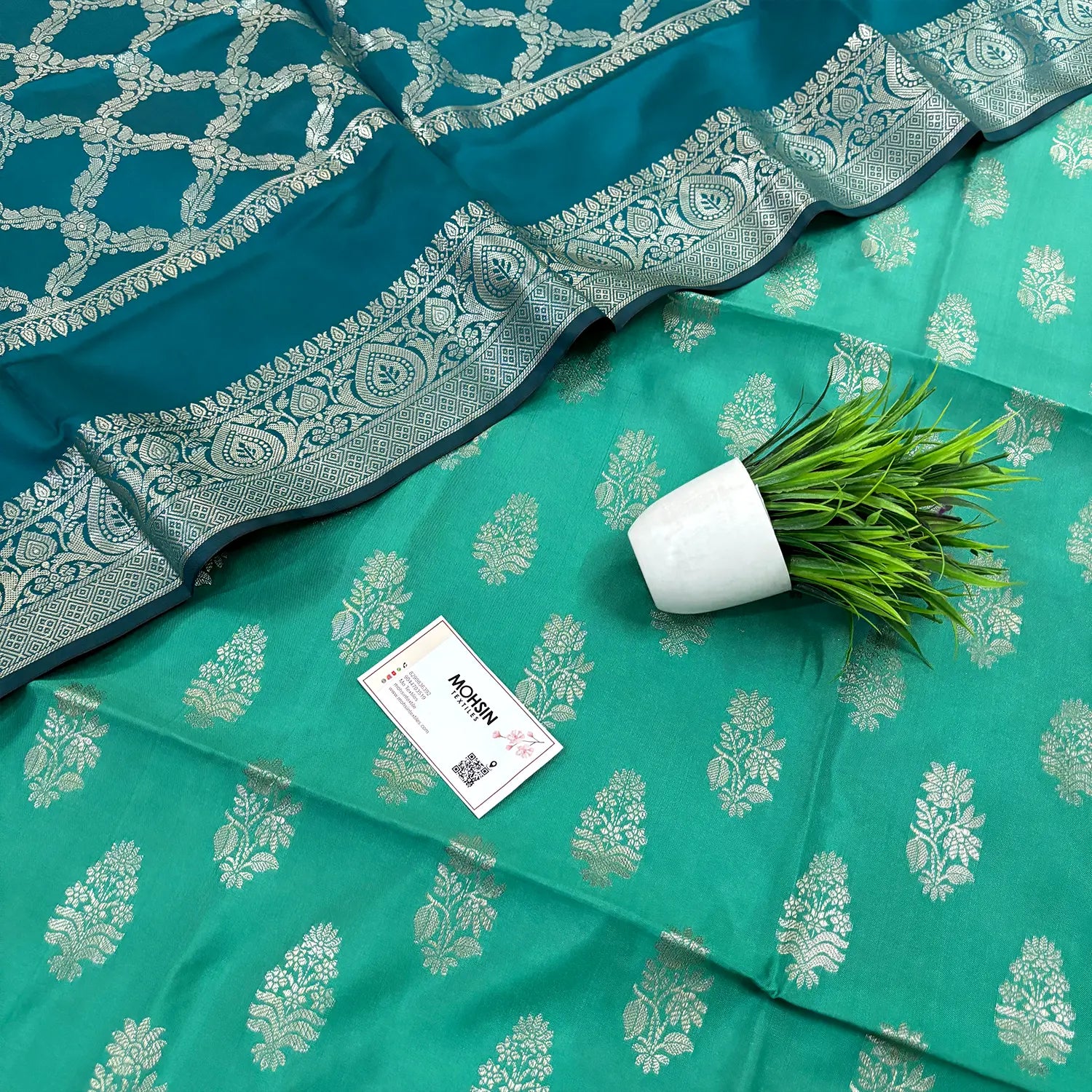 Sea Green and Teal Phooldaan Buti Satin Silk Banarasi Suit