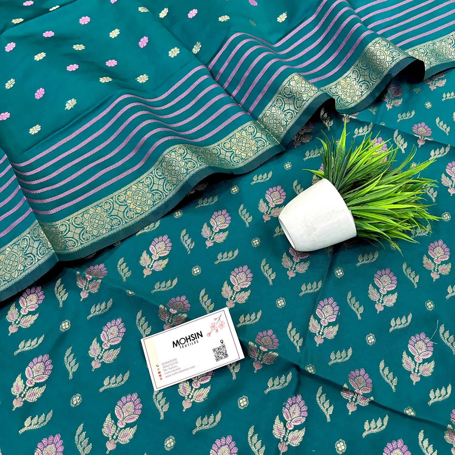 Teal Golden Zari Satin Silk Banarasi Suit