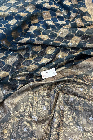 Teal Golden Zari Organza Silk Banarasi Saree