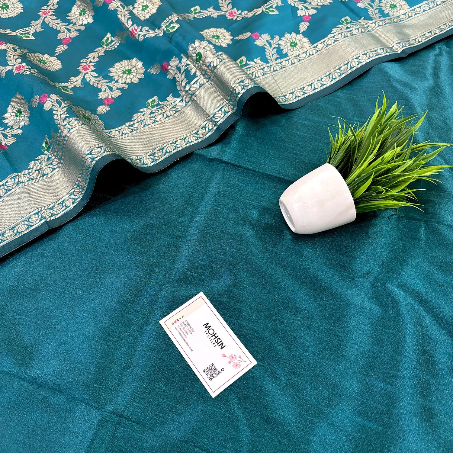 Teal Plain Dupion Silk Banarasi Suit