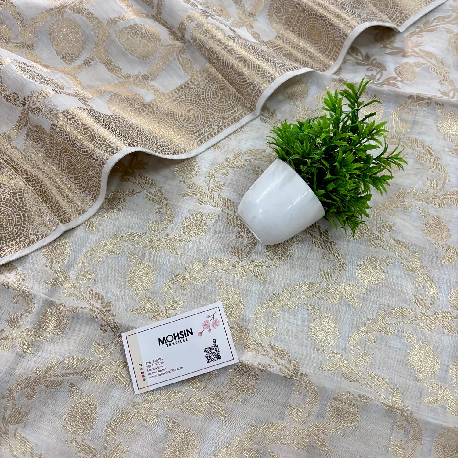 White Golden Zari Banarasi Silk Suit