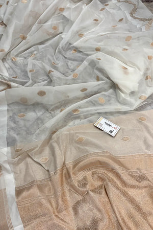 White Golden Zari Raw Mango Banarasi Saree