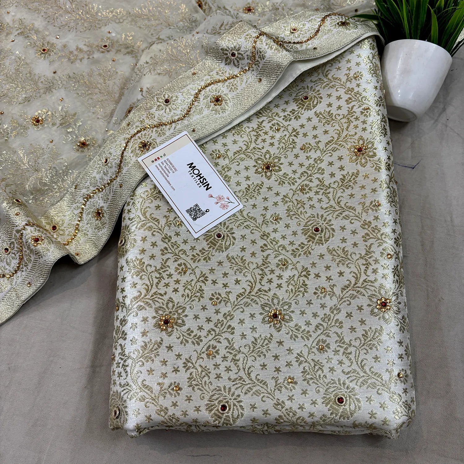 White Stone Work Kimkhab Silk Banarasi Gharara