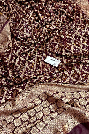 Wine Bandhej Georgette Silk Banarasi Saree